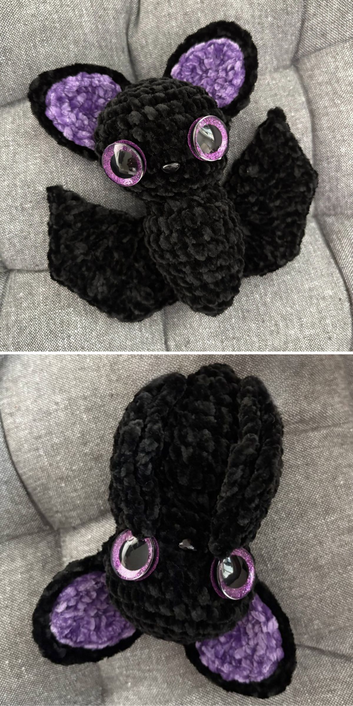 a crochet bat toy made of black chenille yarn