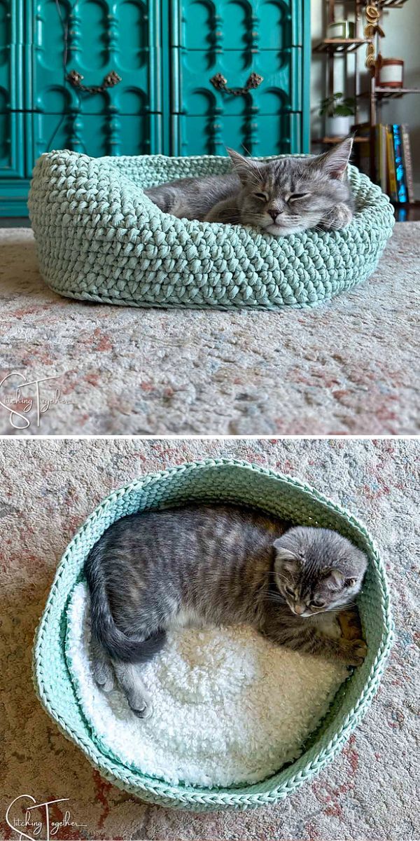 Two pictures featuring a cozy crocheted cat bed where a cat is peacefully sleeping.