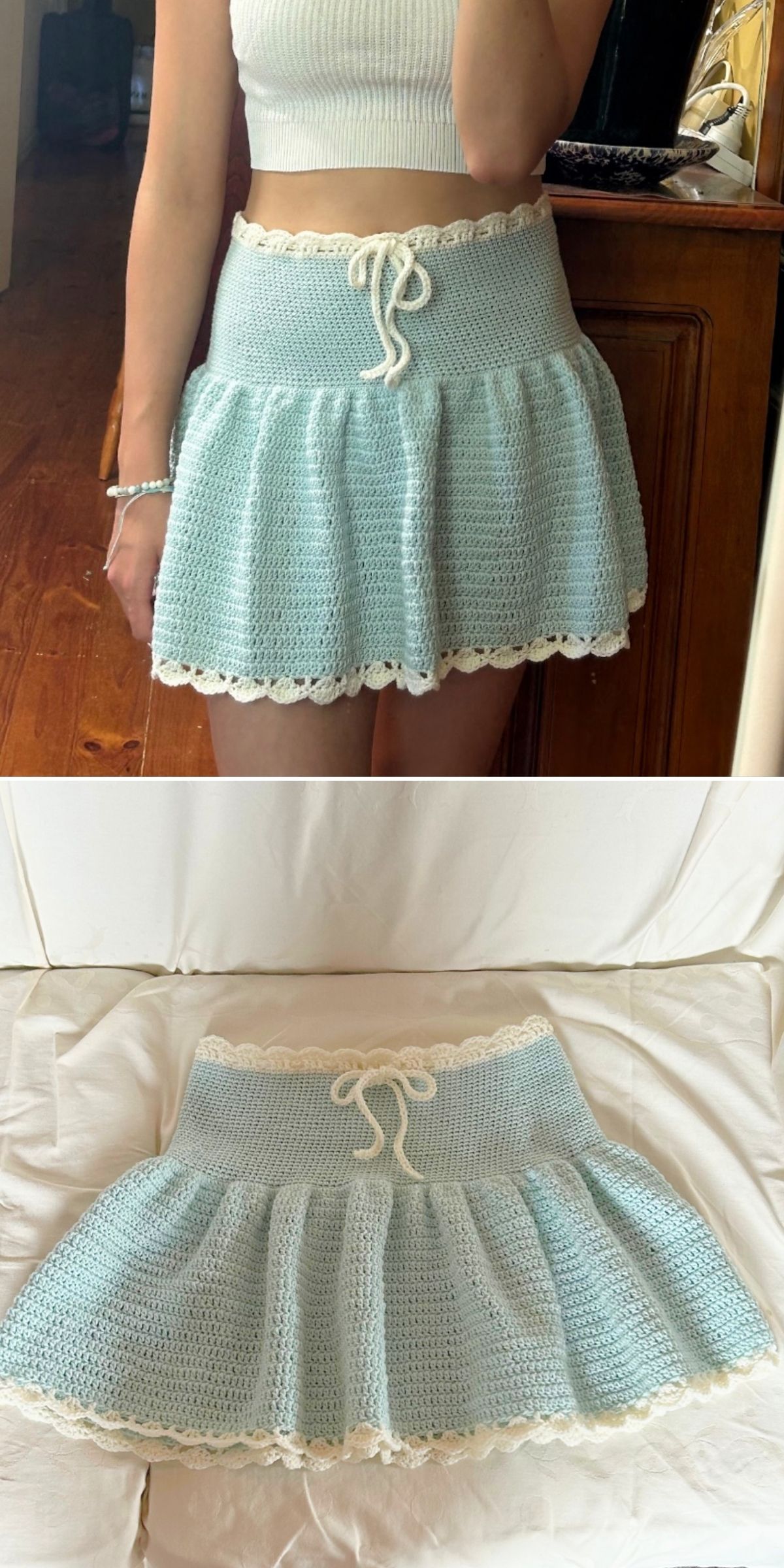 A person wears a light blue crochet skirt with a cream drawstring and lace trim, shown in close-up and also laid flat on a white surface.