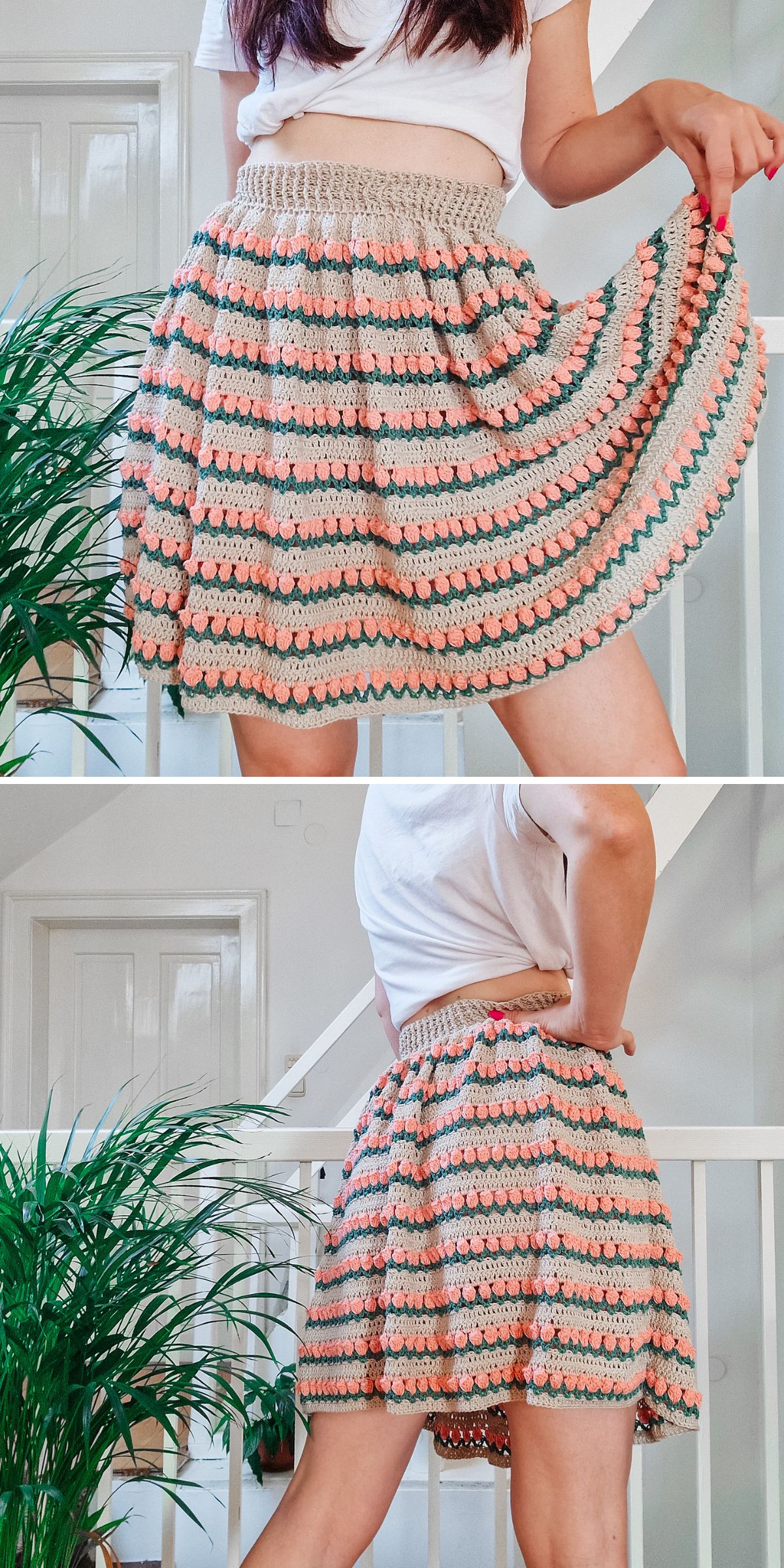 A woman wearing a crochet skirt featuring colorful tulip stitches