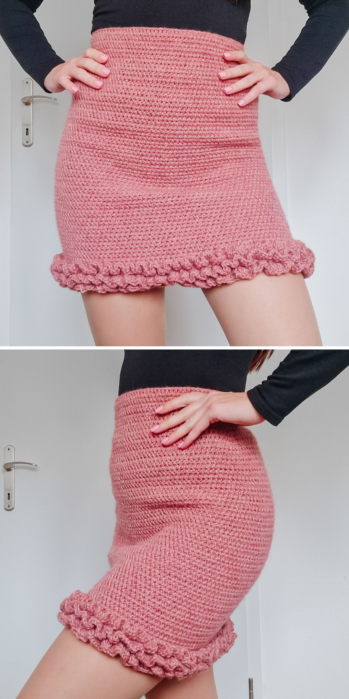 A woman wearing a crocheted skirt in a pink color