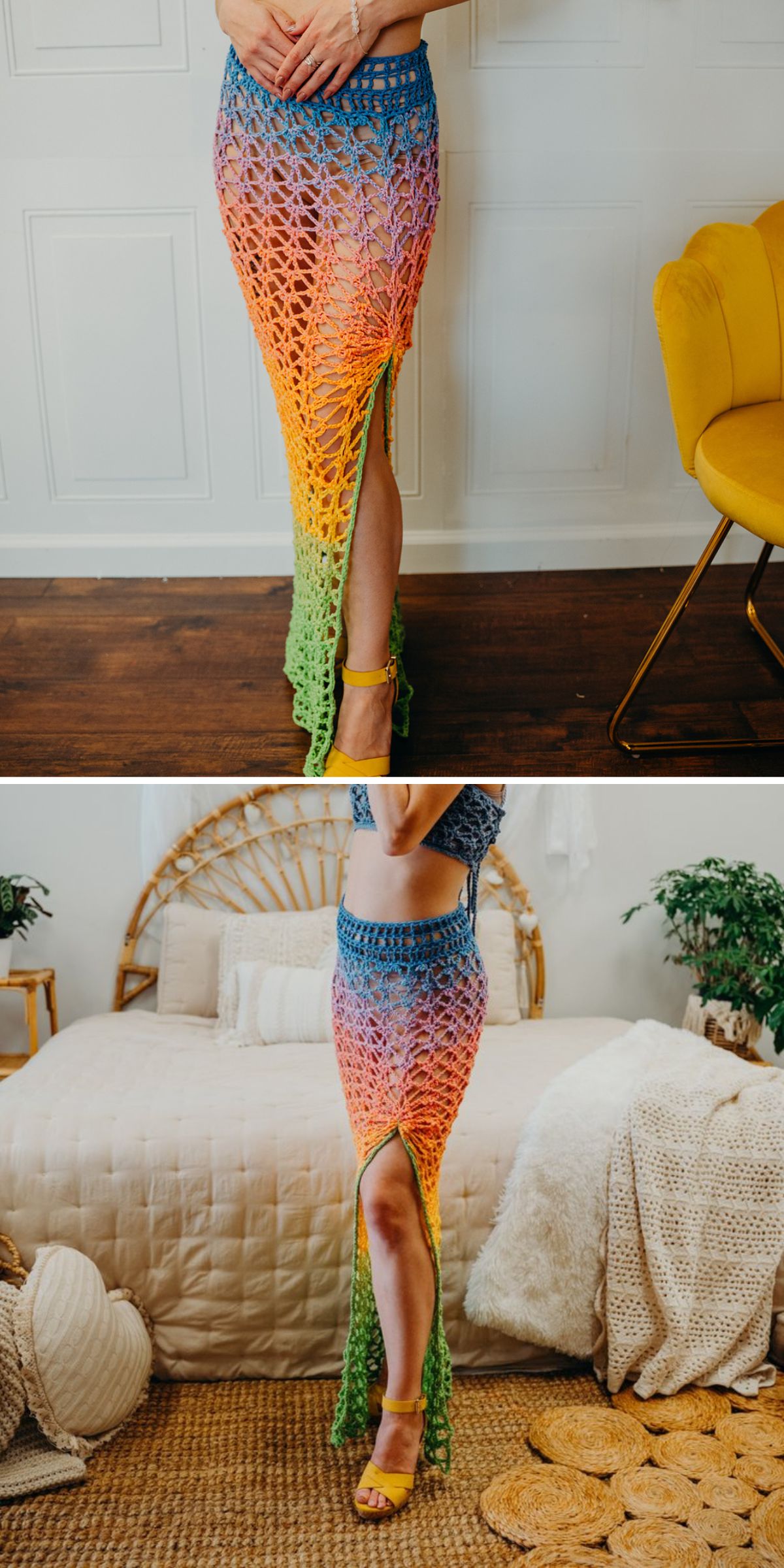 A mesh crochet skirt with a rainbow gradient colorway