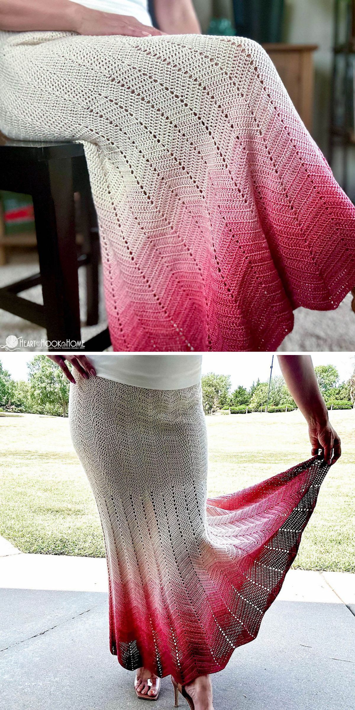 A woman wearing a long crochet skirt in chevron design and ombre colorway