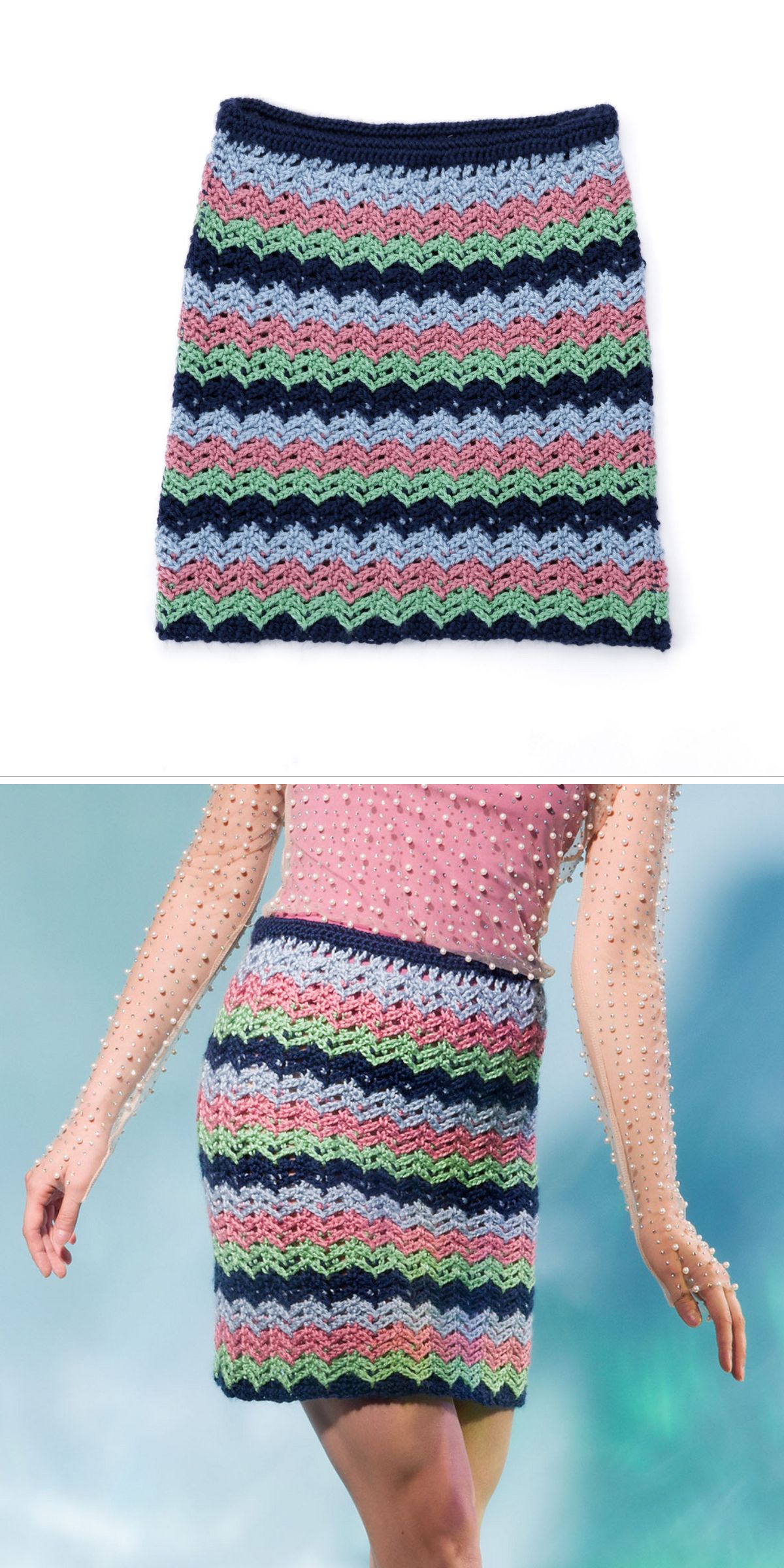 A bold crochet mini skirt featuring a colorful zig-zag design