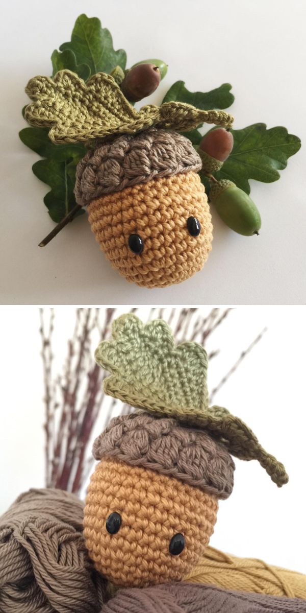 Crocheted acorn amigurumi pattern.