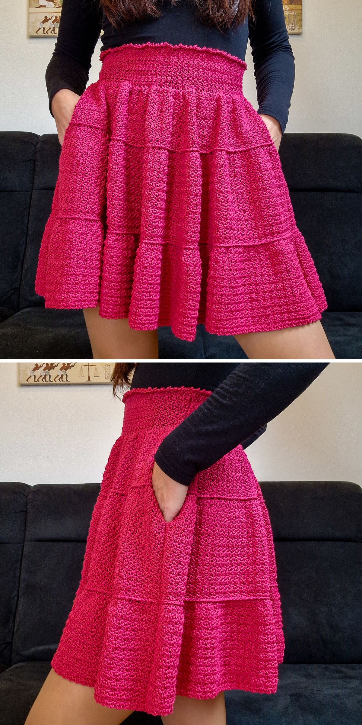 A woman wearing a crochet skirt in deep pink color