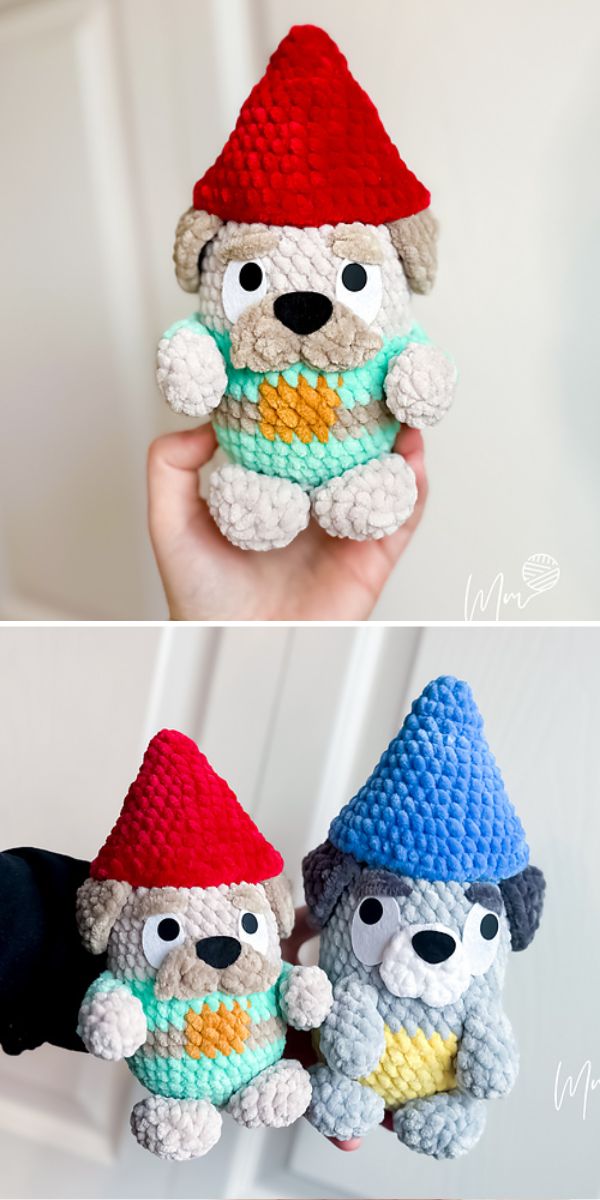 Two pictures of amigurumi gnome stuffed animals.