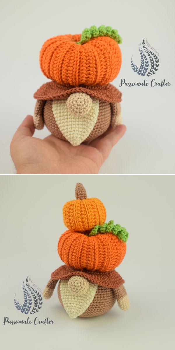gnome amigurumi toy with pumpkin hat