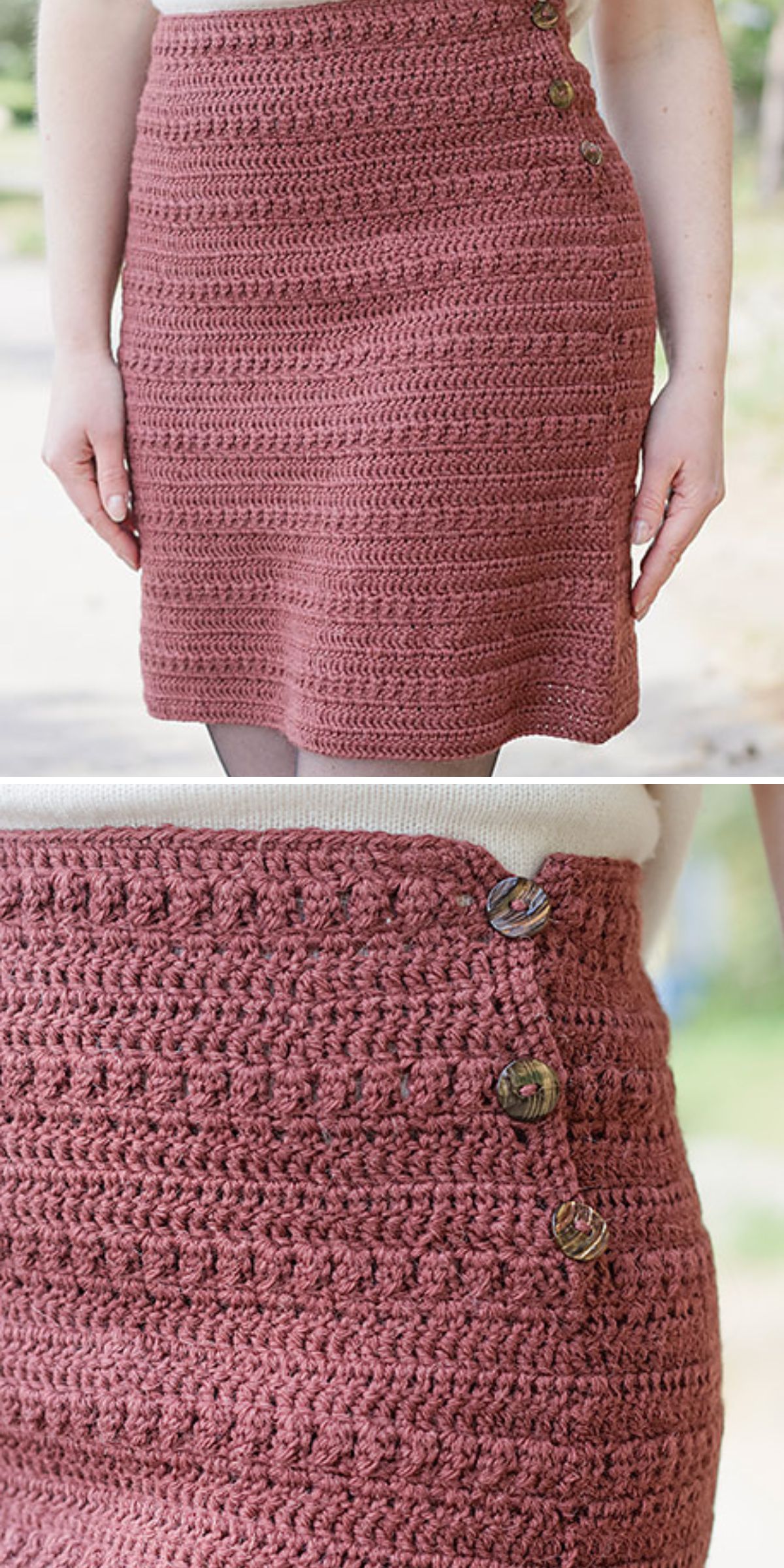 A textured crochet mini skirt with buttons fastening on a top side