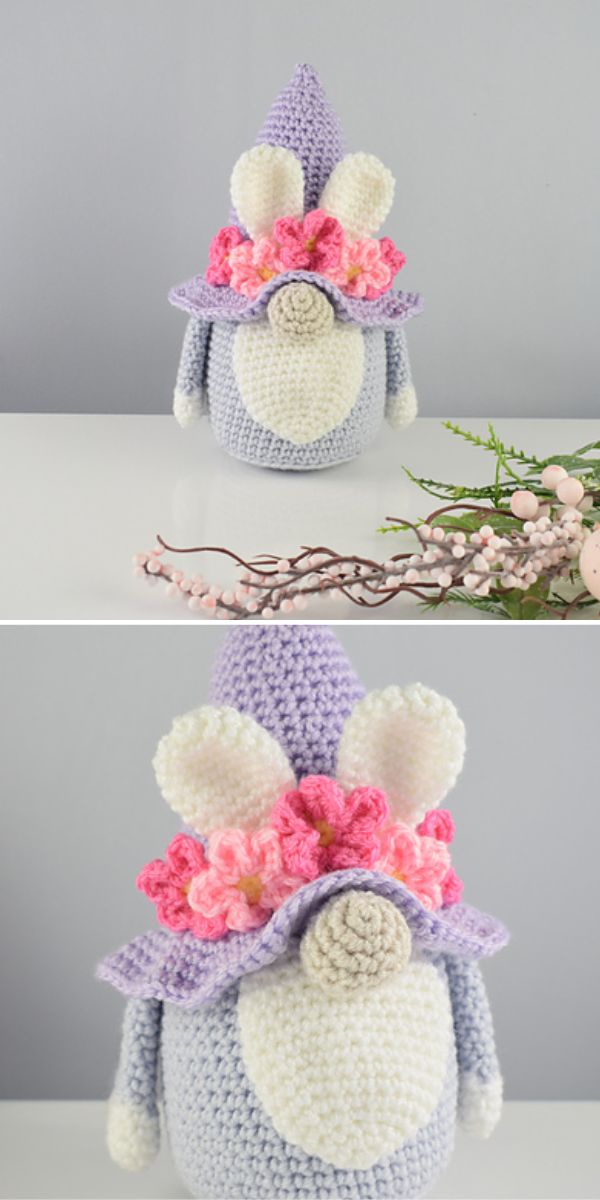 An amigurumi bunny wearing a flower hat.