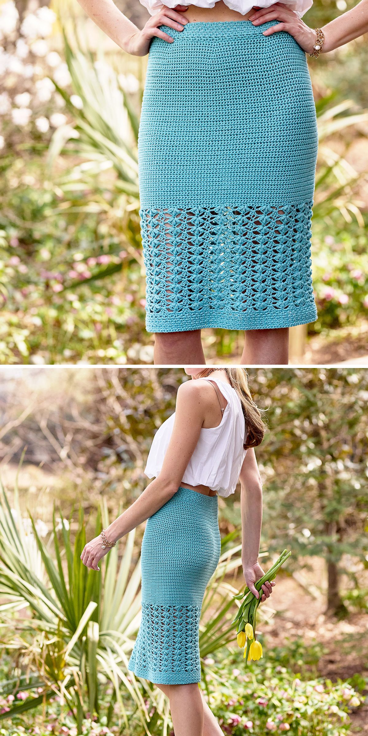 A crochet midi skirt with a solid upper part and a lacy hem in a turquoise color