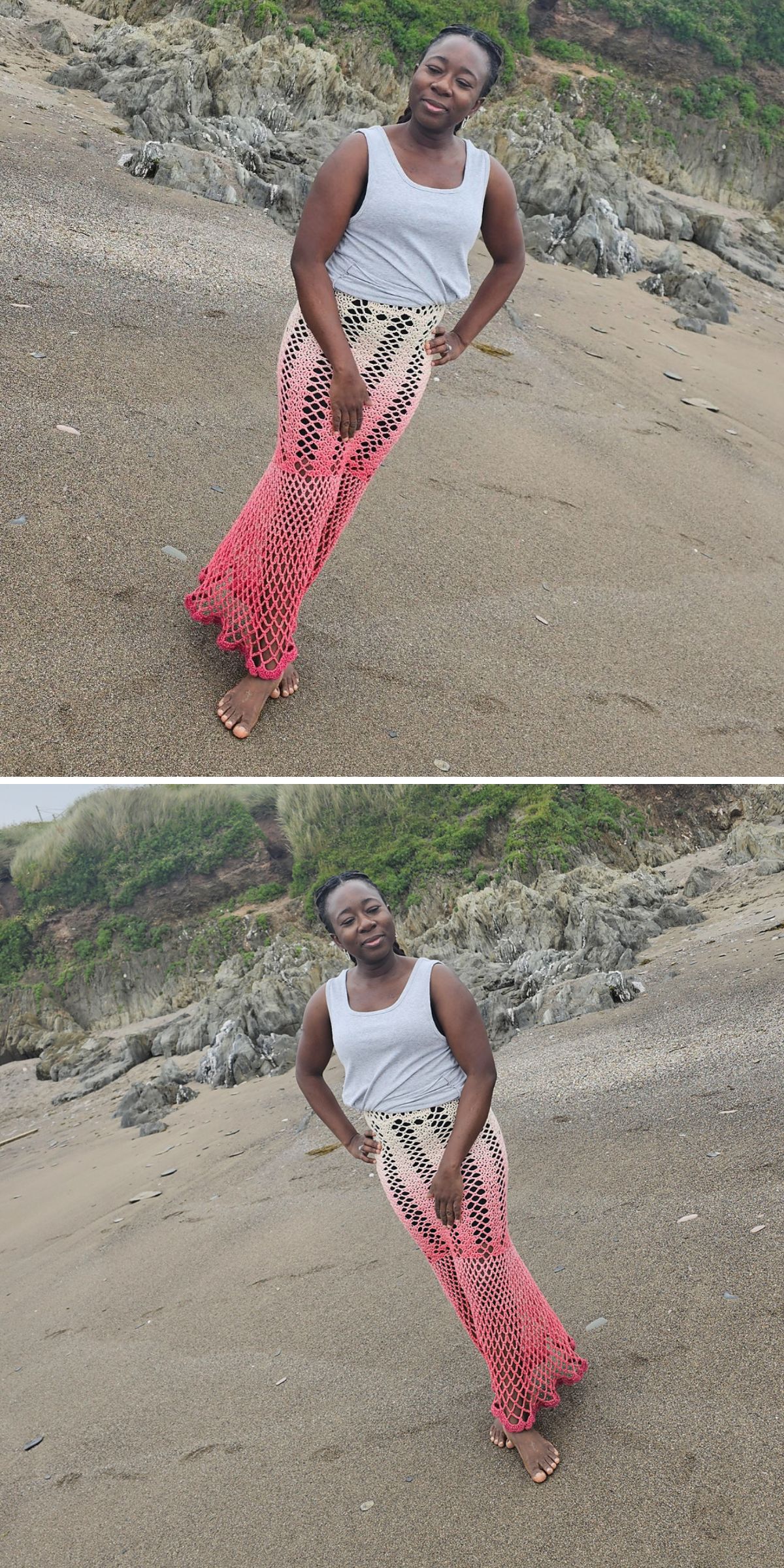 A woman wearing a long crocheted skirt with a mesh fabric