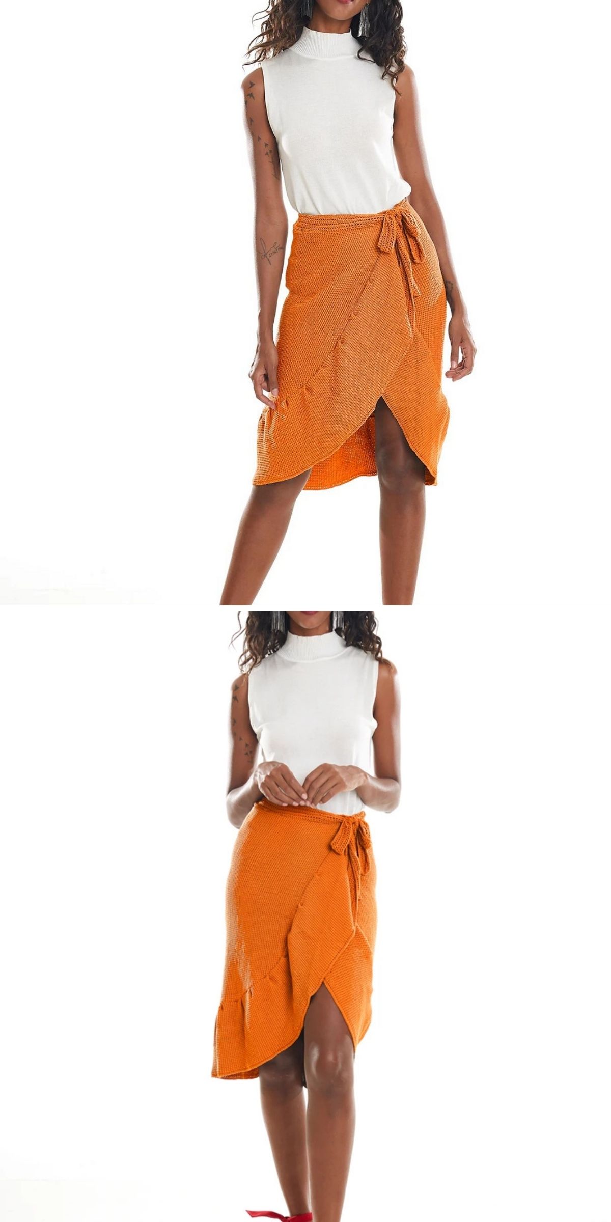 A woman wearing a sleeveless white top and an orange crochet skirt with a tie detail, standing against a white background.