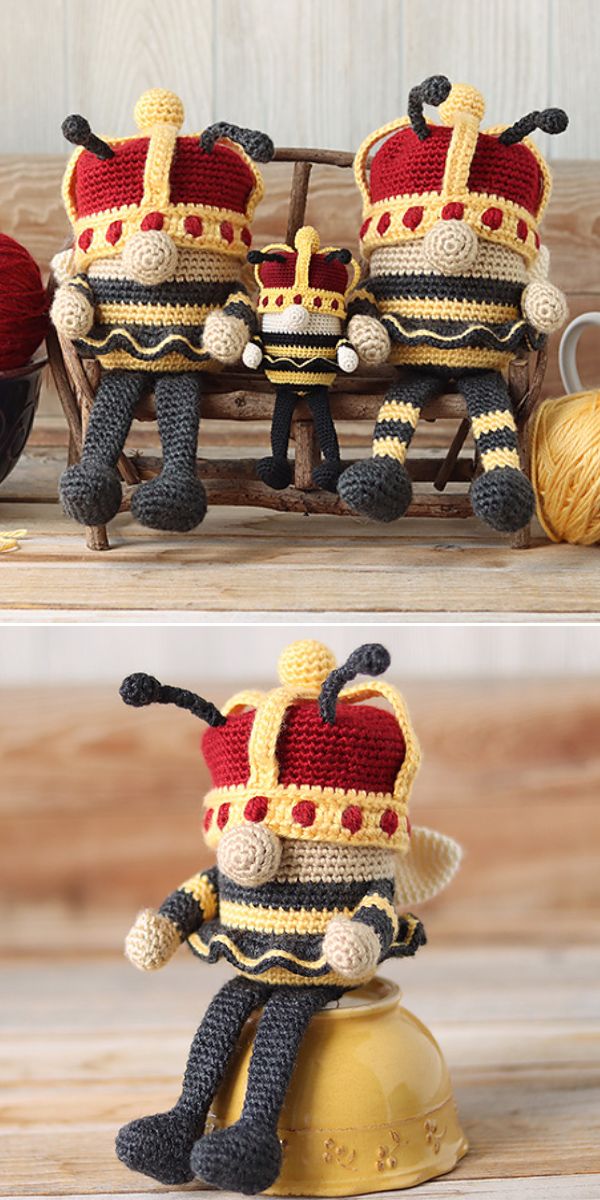 crochet gnome toy in the shape of a queen bee