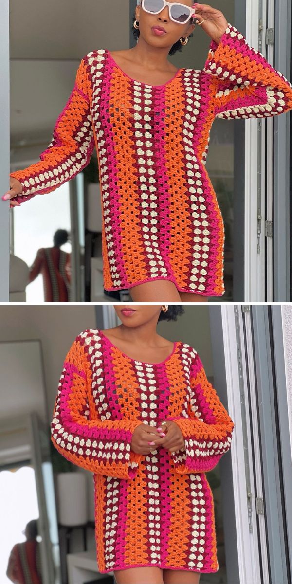 a woman wearing a red crochet granny dress