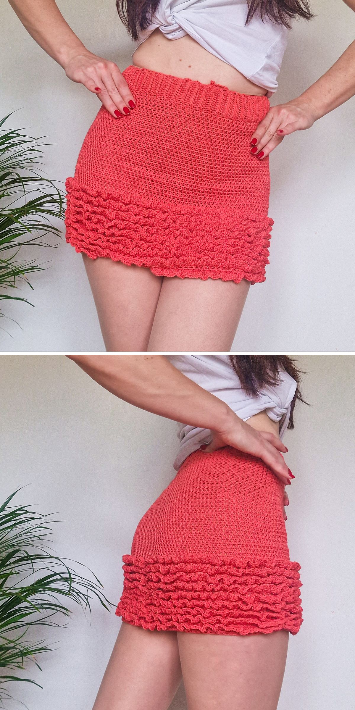A red crochet mini skirt with a ruffled hem