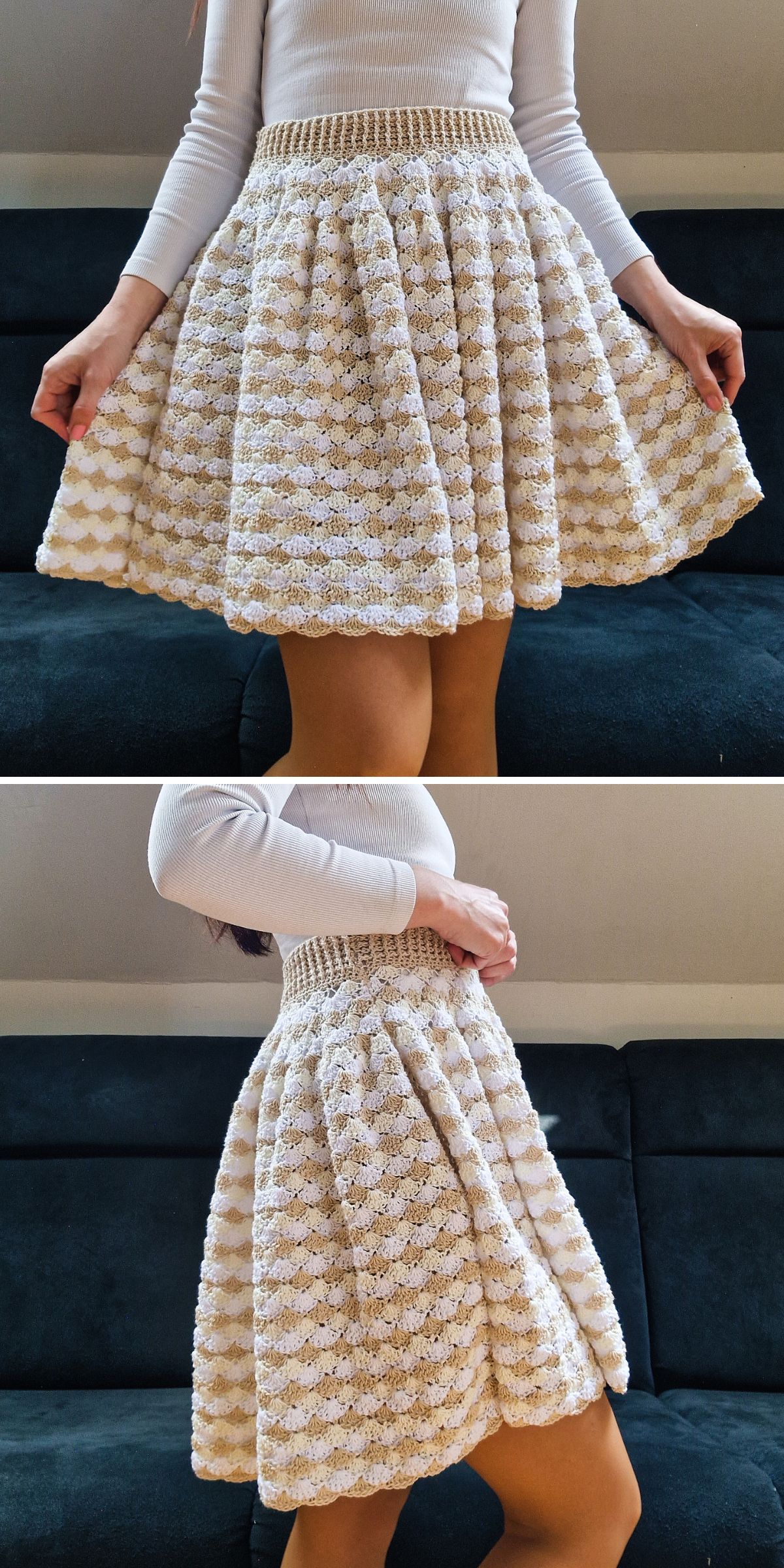 A crochet shell-stitched skirt with a checkered design in light colors