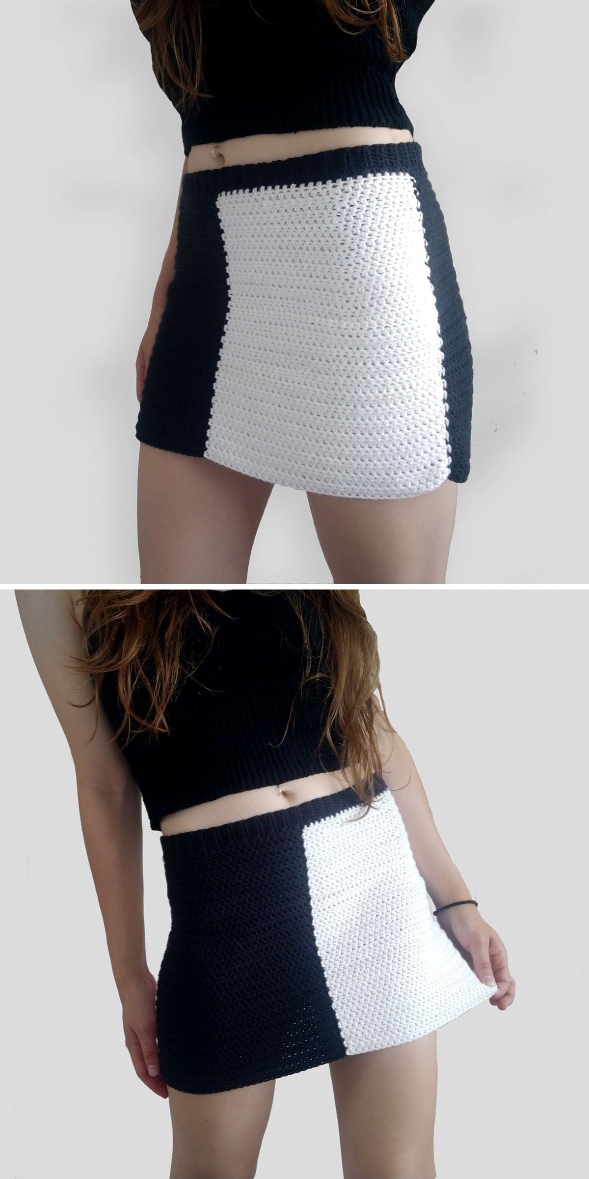 A crochet skirt in black and white