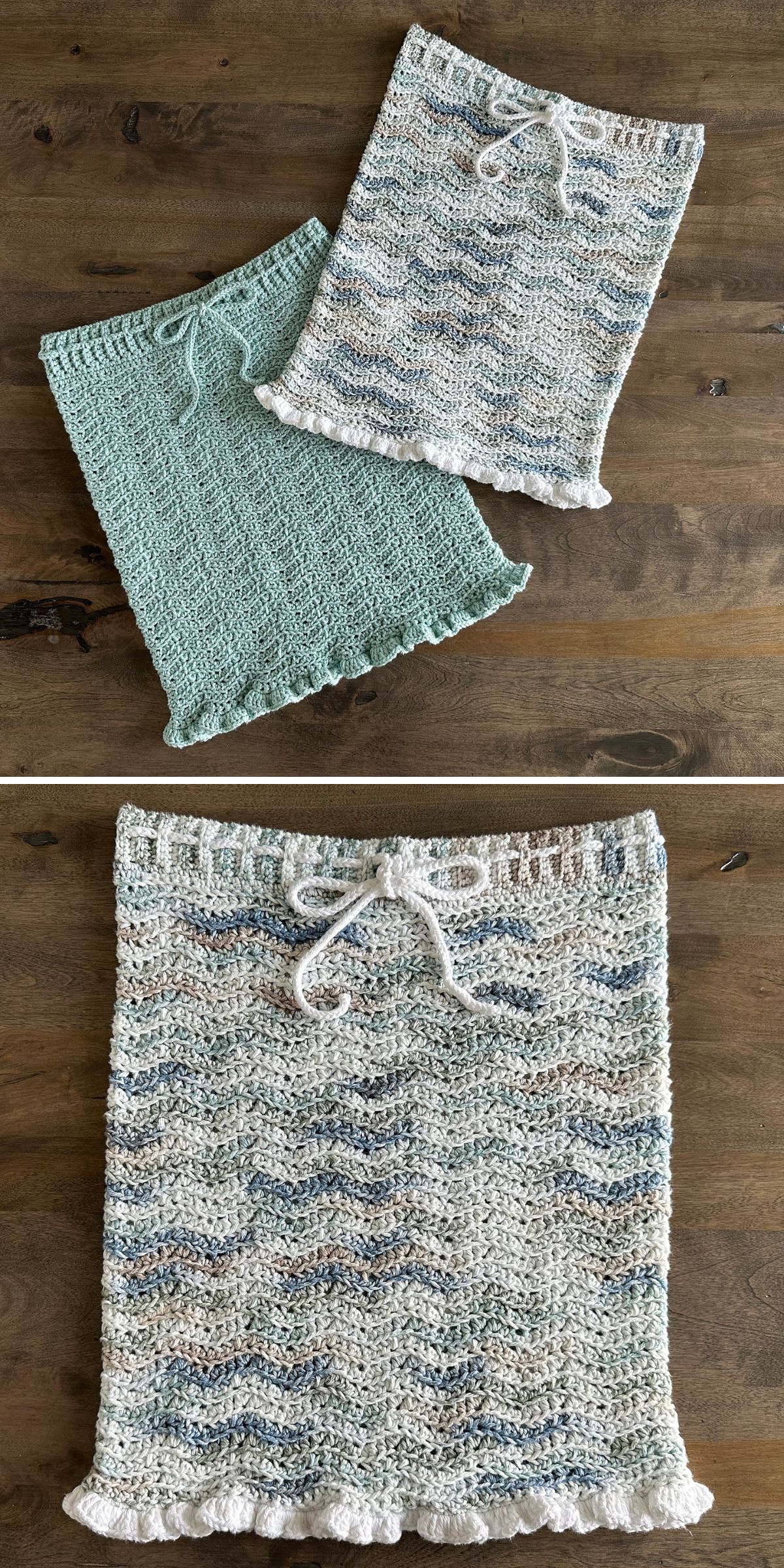 Two crochet skirts lie on a wooden surface, one in solid light green and the other in a multicolored pattern with a drawstring waist and ruffled hem.