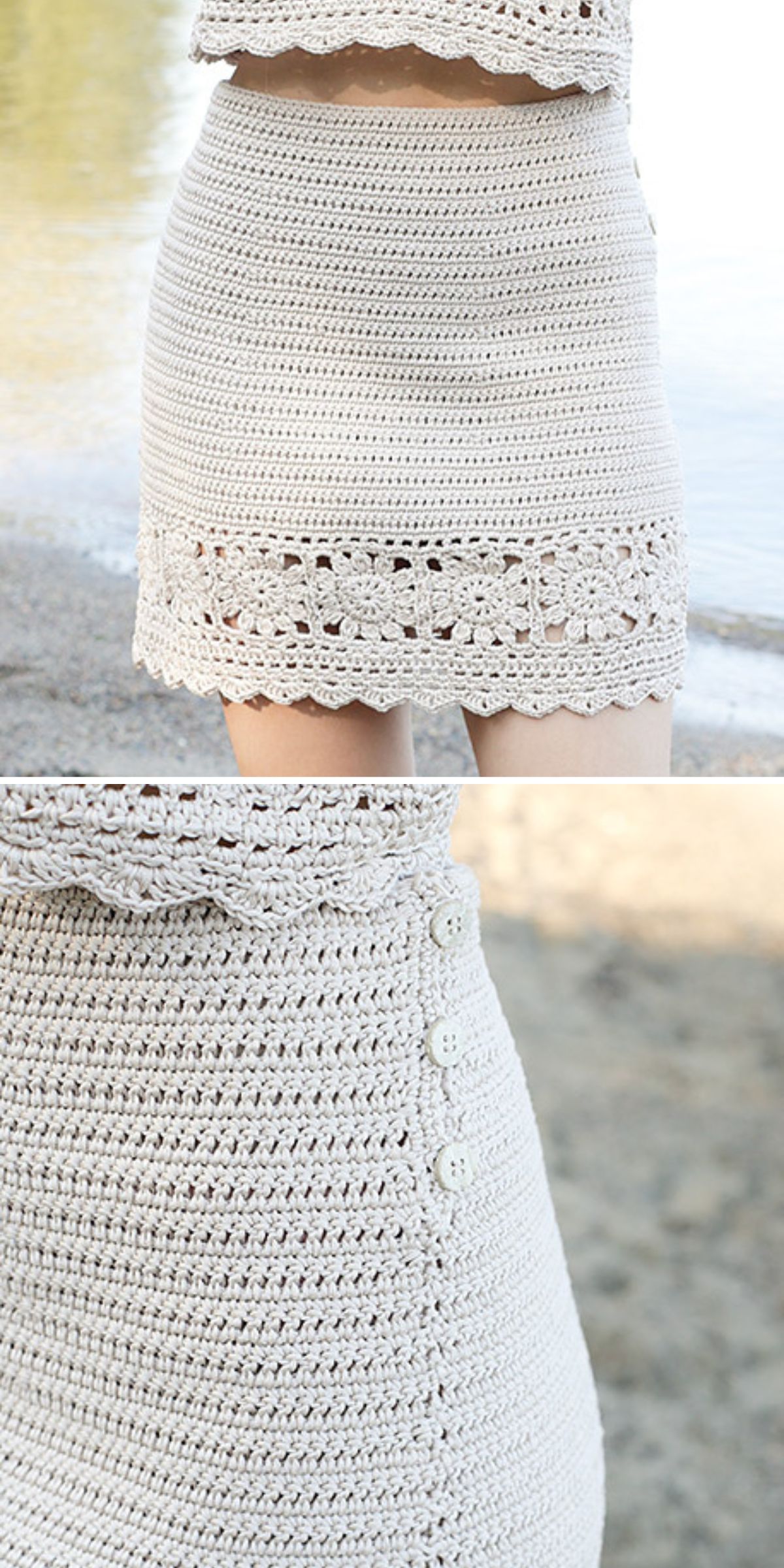 A stylish crochet skirt featuring lace flower squares at the bottom