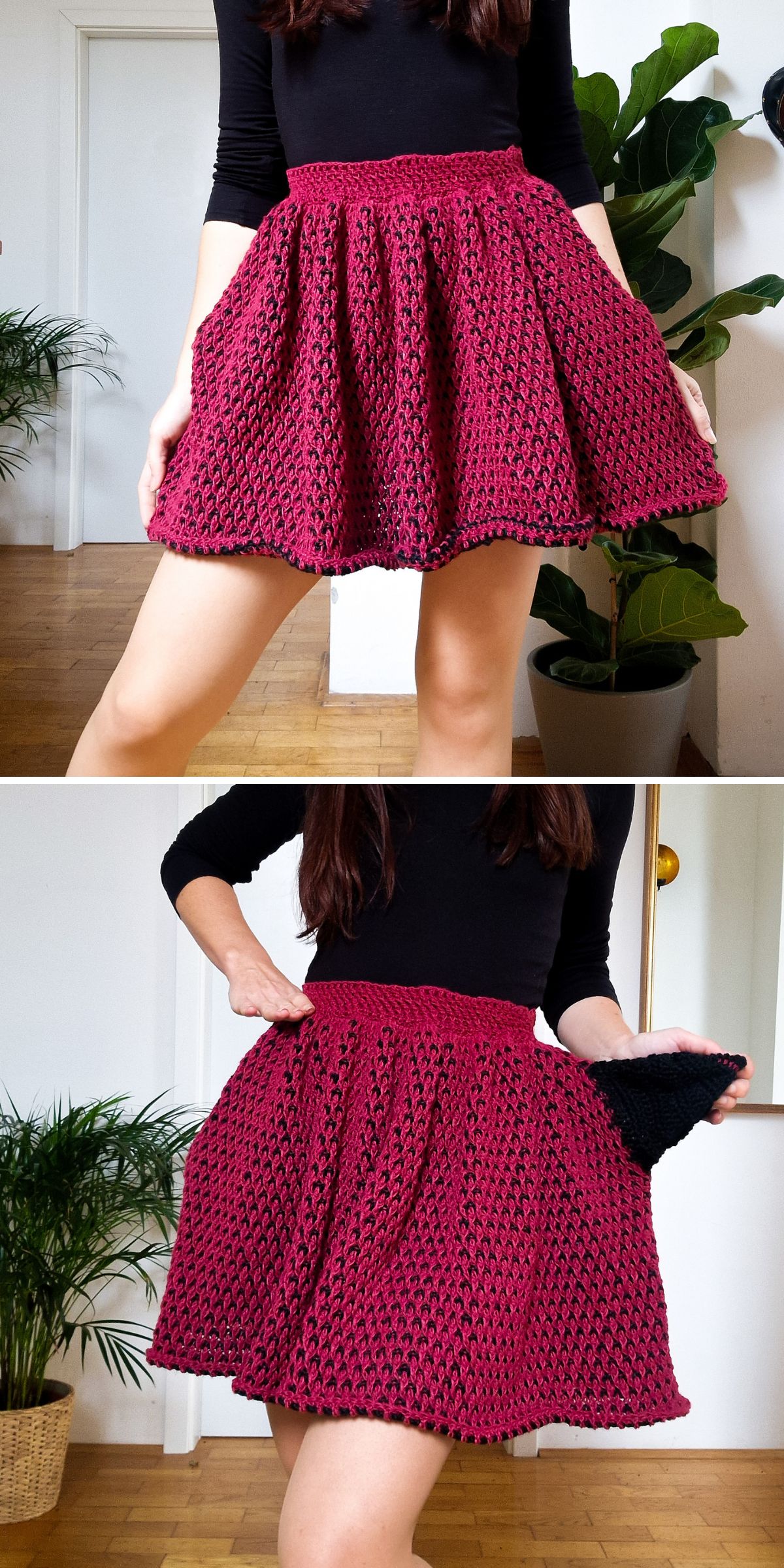 A person wearing a black long-sleeve top and a textured red crochet skirt stands indoors near green plants, holding the skirt to the side in both images.