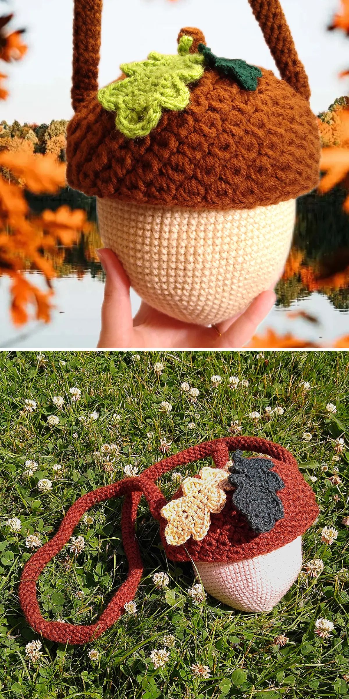 a crochet bag shaped like an acorn