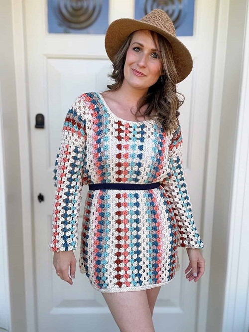 Crochet Granny Dress with Long Sleeves