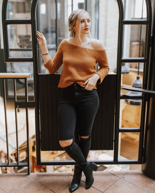 Crochet Off-The-Shoulder Circular Yoke Sweater